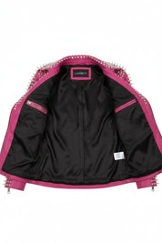 close-up-lining - Punk women Full Long Spiked Studded Brando Pink Leather Jacket