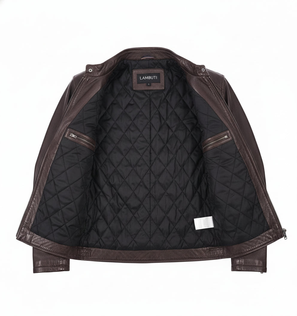 close-up-lining - Vintage Men Brown Leather Racers Cafe Biker Jackets, Biker Jackets