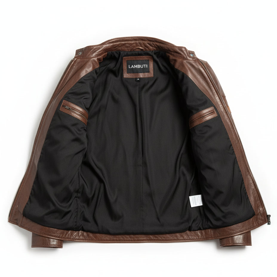 close-up-lining - Vintage Men Stylish Motorcycle Leather Jacket, Genuine Leather Fashion