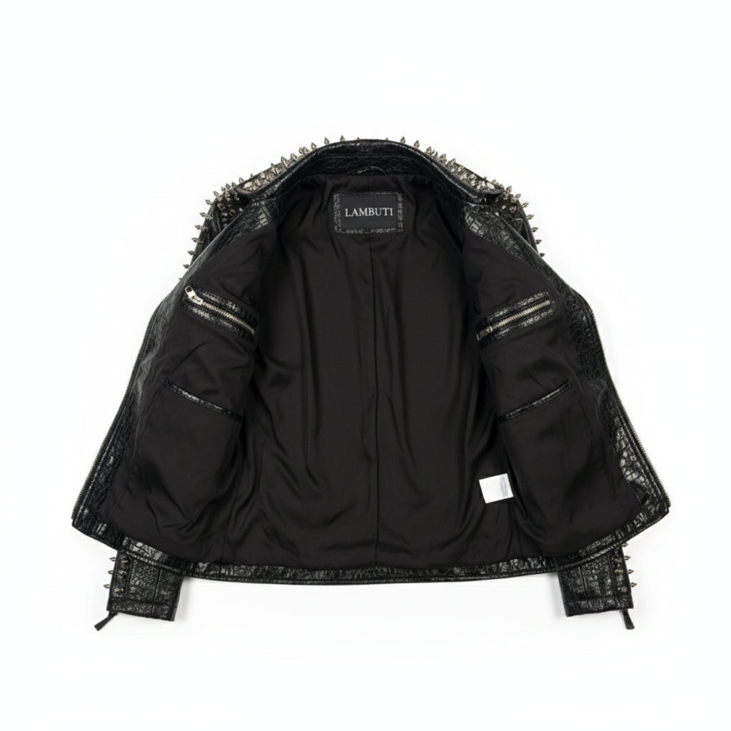 close-up-lining - Women Alligator Textured Leather Studded and Spiked Rock Fashion Jacket