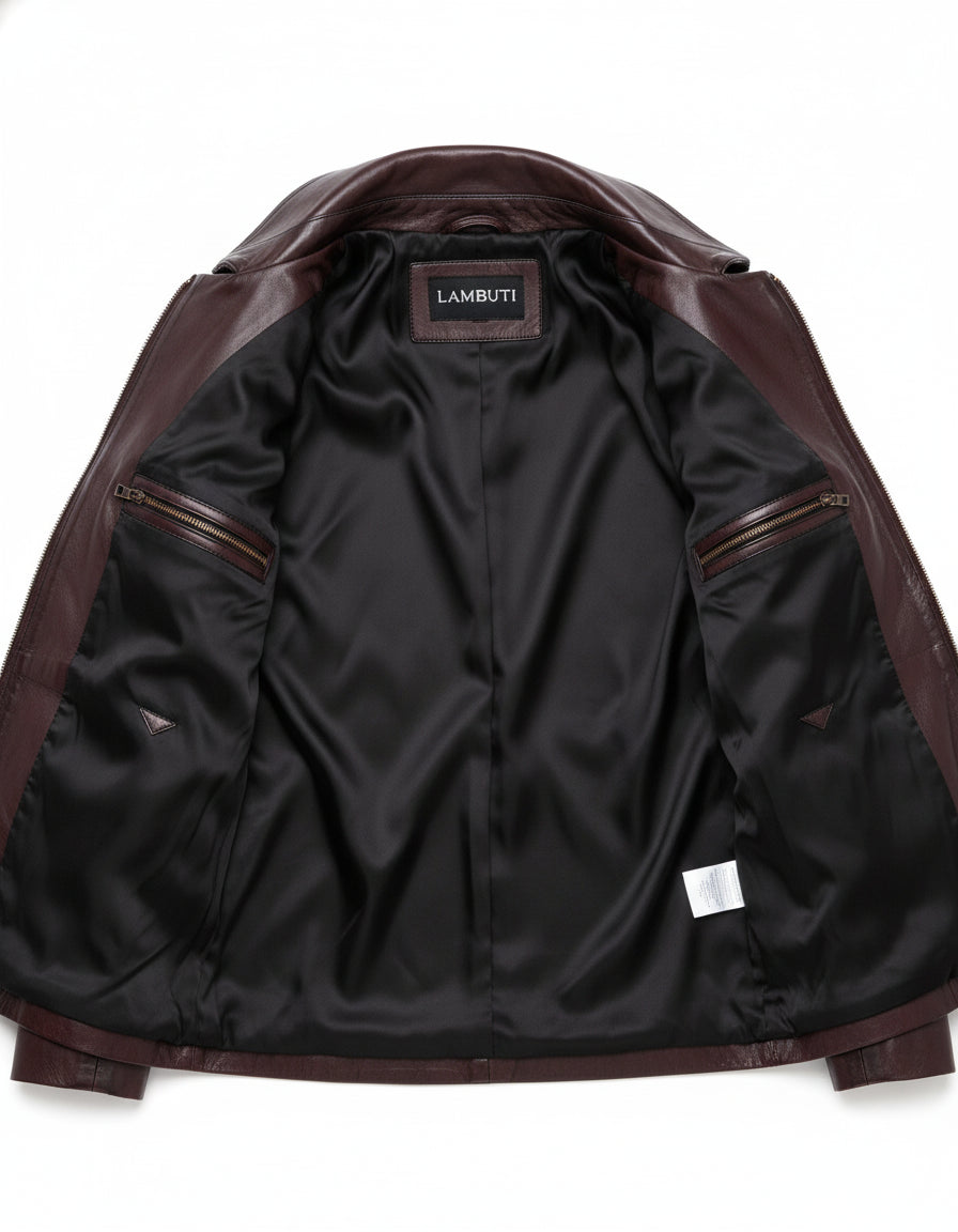 close-up-lining - Women antique Brown leather Jacket, Women multi Pocket biker jacket Jacket