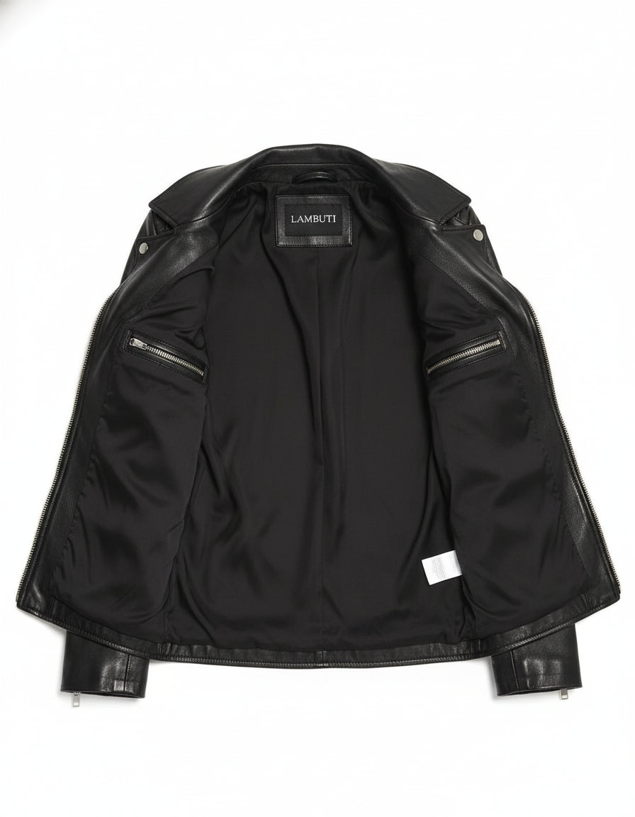 close-up-lining - Women black Biker leather Jacket, Sheepskin Belted jacket for women