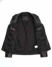 close-up-lining - Women black Biker leather Jacket, Sheepskin Belted jacket for women