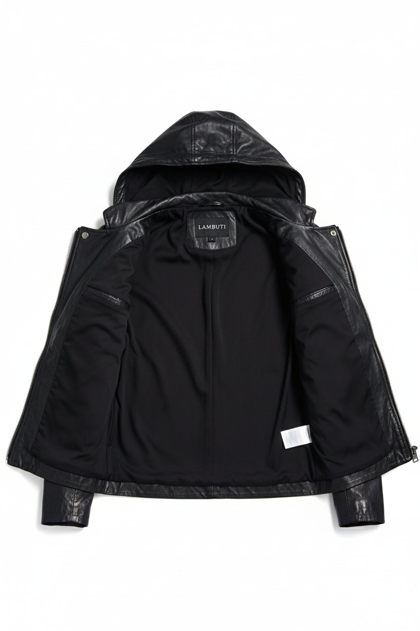 close-up-lining - Women Black Hooded Leather Jacket, Leather Jackets, Hoodies