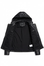 close-up-lining - Women Black Hooded Leather Jacket, Leather Jackets, Hoodies