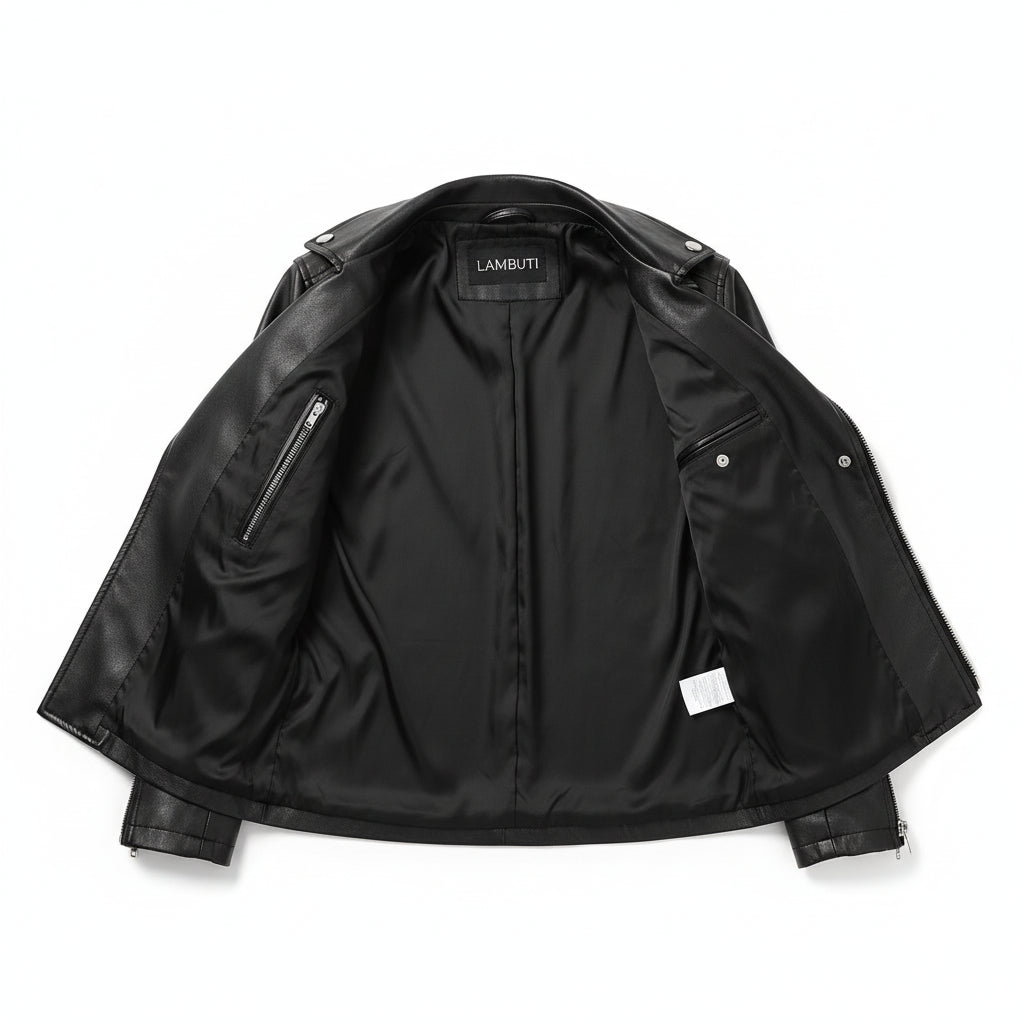 close-up-lining - Women Black Leather Cropped Biker Jacket, Chic fashion cropped jacket