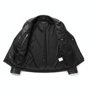 close-up-lining - Women Black Leather Cropped Biker Jacket, Chic fashion cropped jacket