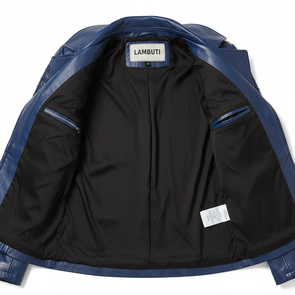 close-up-lining - Women blue biker leather jacket, Women leather jacket, Motorcycle jacket