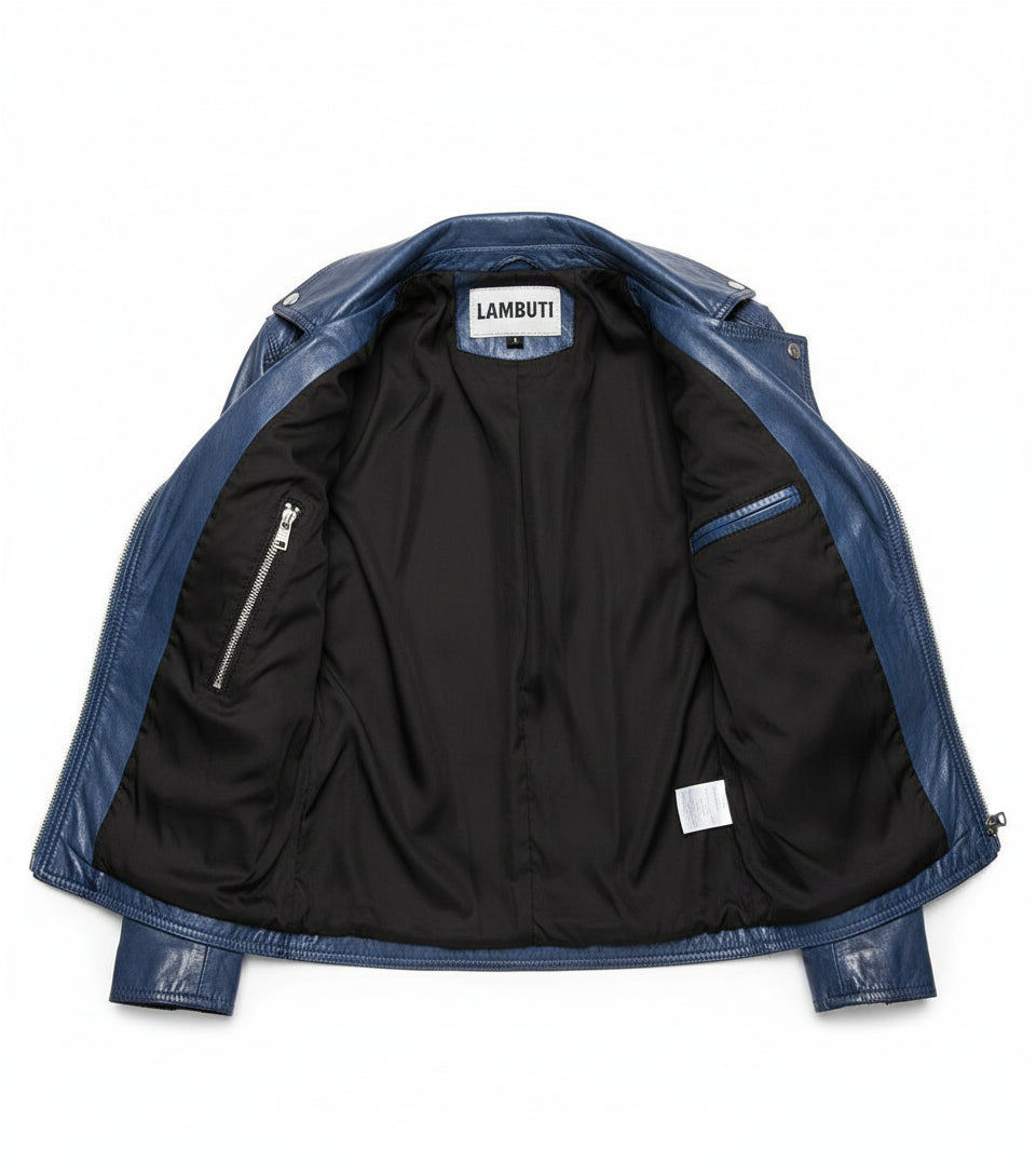 close-up-lining - Women Blue Leather Slimfit Biker Fashion Jacket, Party Jacket for Women