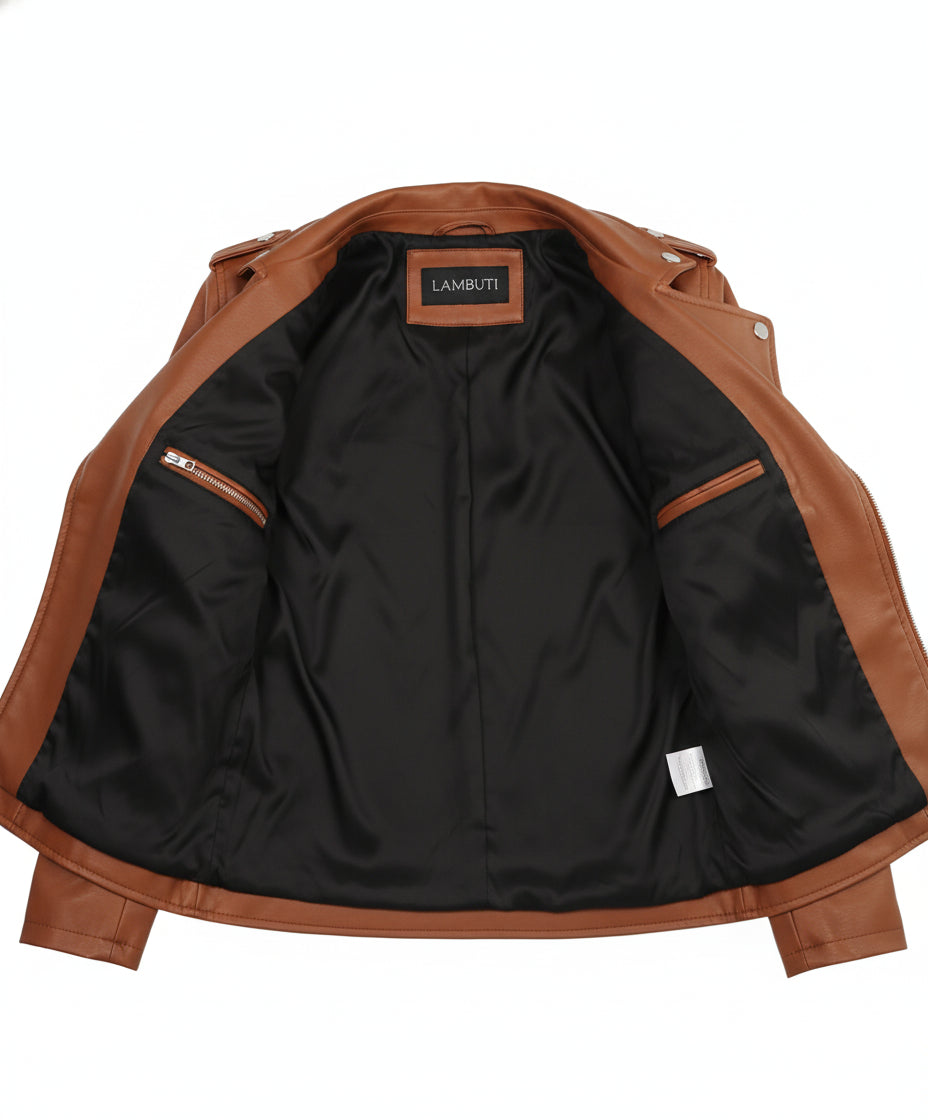 close-up-lining - Women brown leather cropped biker jacket, Cropped Belted Fashion Jacket