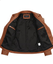 close-up-lining - Women brown leather cropped biker jacket, Cropped Belted Fashion Jacket
