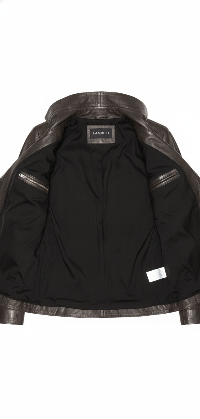 close-up-lining - Women Brown Wide Collar Leather Jacket, Fashion Leather Jacket