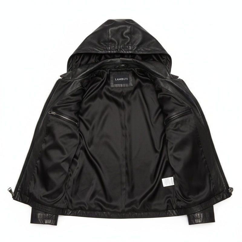 close-up-lining - Women's Asymmetrical Moto Leather Jacket, Leather Hooded Jacket, Women's Biker Jacket, Women's Motorcycle Jacket