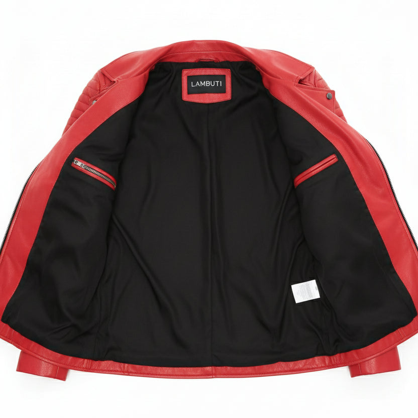 close-up-lining - Women's Biker Leather Jacket, Women's Moto Jacket, Red Leather Jacket, Handmade Biker Jacket