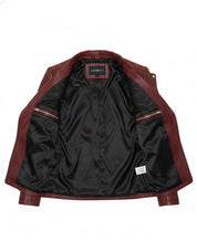 close-up-lining - Women's Biker Maroon Leather Jacket with Zipper Closure