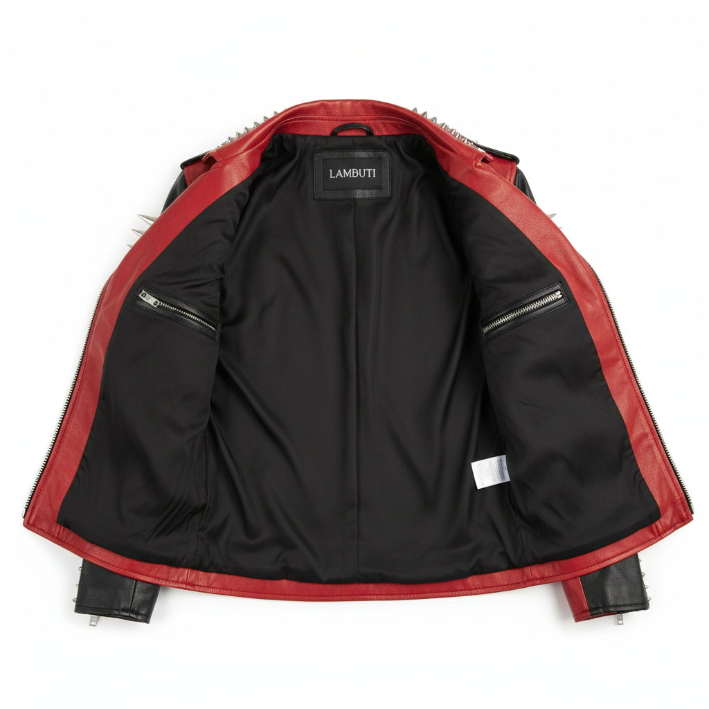 close-up-lining - Women's Black and red spikes Zipper Real Cowhide Motorbike Leather Jacket