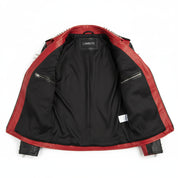 close-up-lining - Women's Black and red spikes Zipper Real Cowhide Motorbike Leather Jacket