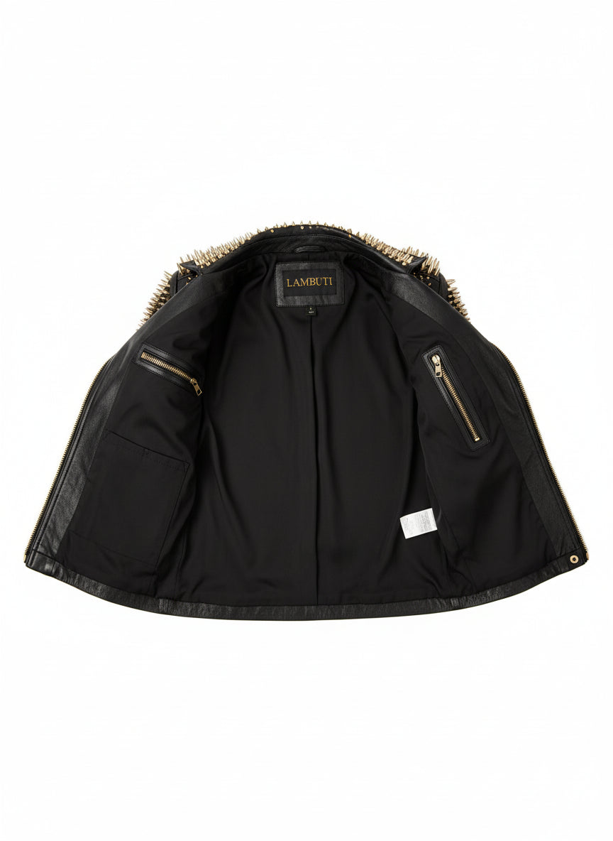close-up-lining - Women's black Punk studded Brando biker Leather Jacket Women studded jacket