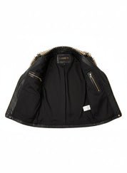 close-up-lining - Women's black Punk studded Brando biker Leather Jacket Women studded jacket