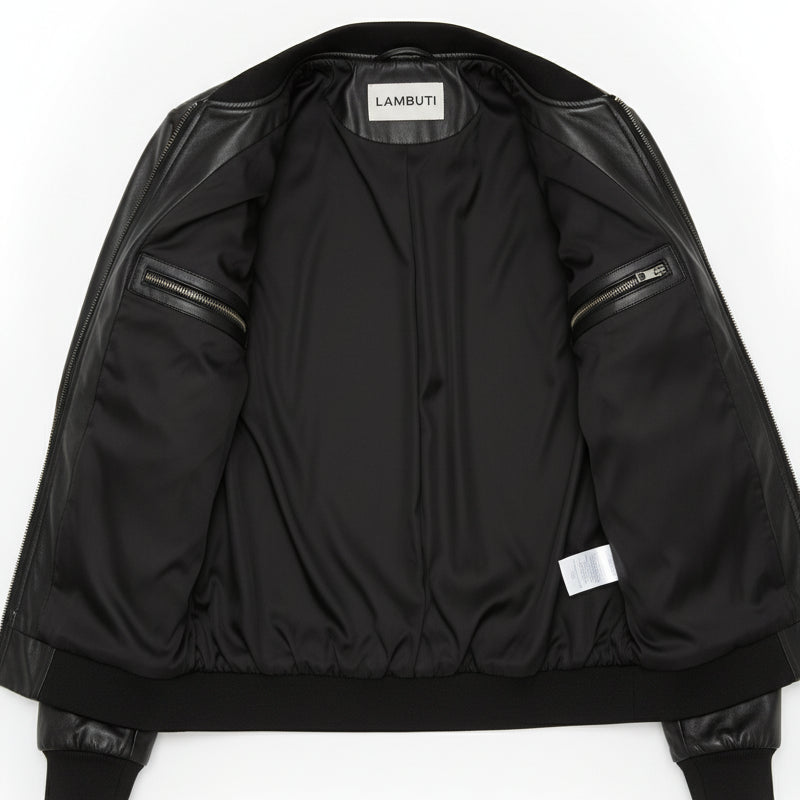 close-up-lining - Women's Bomber Leather Jacket, Women's Leather Bomber, Leather Jacket for Women, Smooth Leather Bomber Jacket