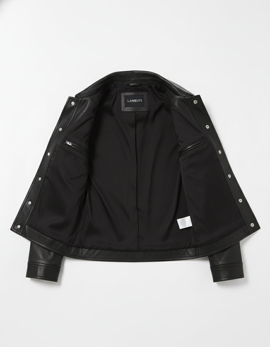 close-up-lining - Women's Cropped Black Leather Jacket with Buttoned Closure