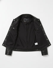 close-up-lining - Women's Cropped Black Leather Jacket with Buttoned Closure