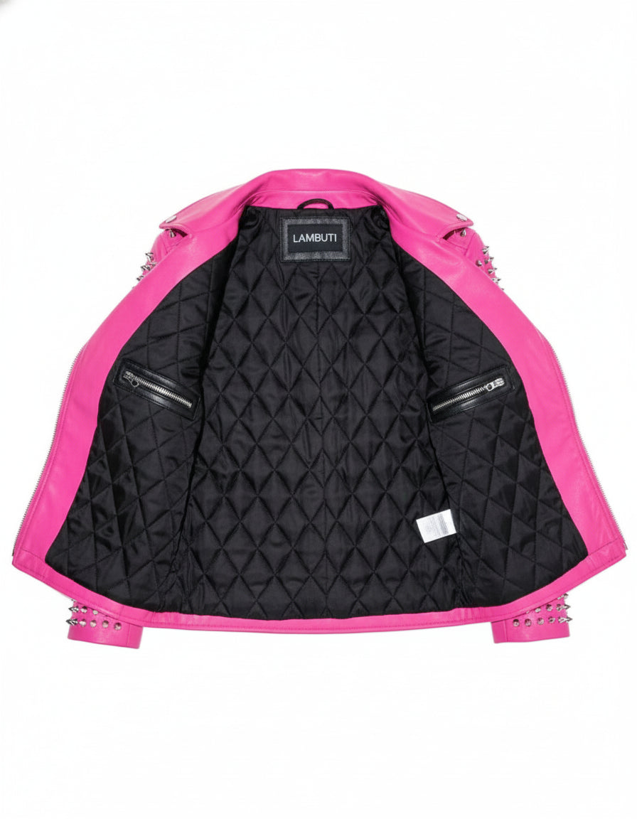 close-up-lining - Women's Hot Pink Studded Leather Moto Jacket