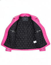 close-up-lining - Women's Hot Pink Studded Leather Moto Jacket