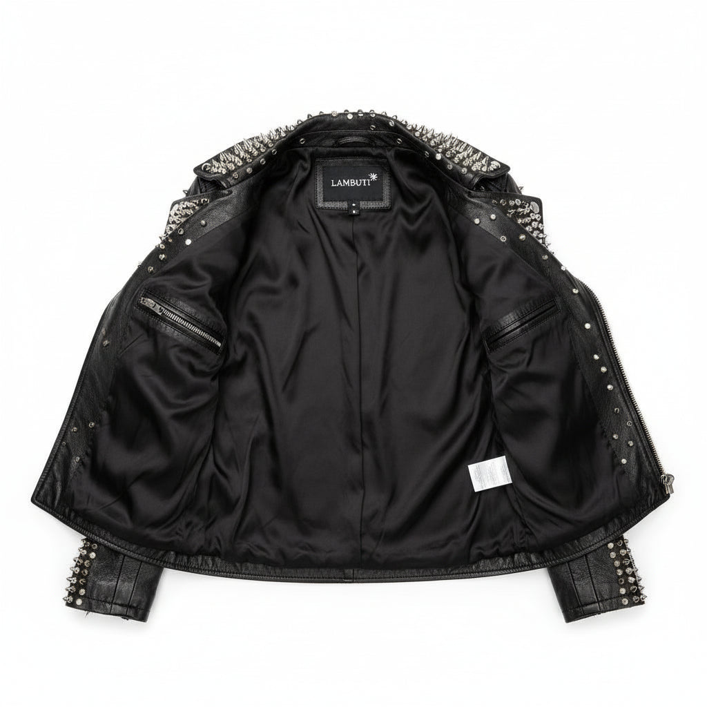 close-up-lining - Women's Long Black Spiked Studded Leather Jacket