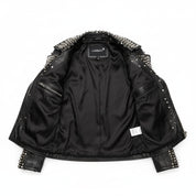 close-up-lining - Women's Long Black Spiked Studded Leather Jacket