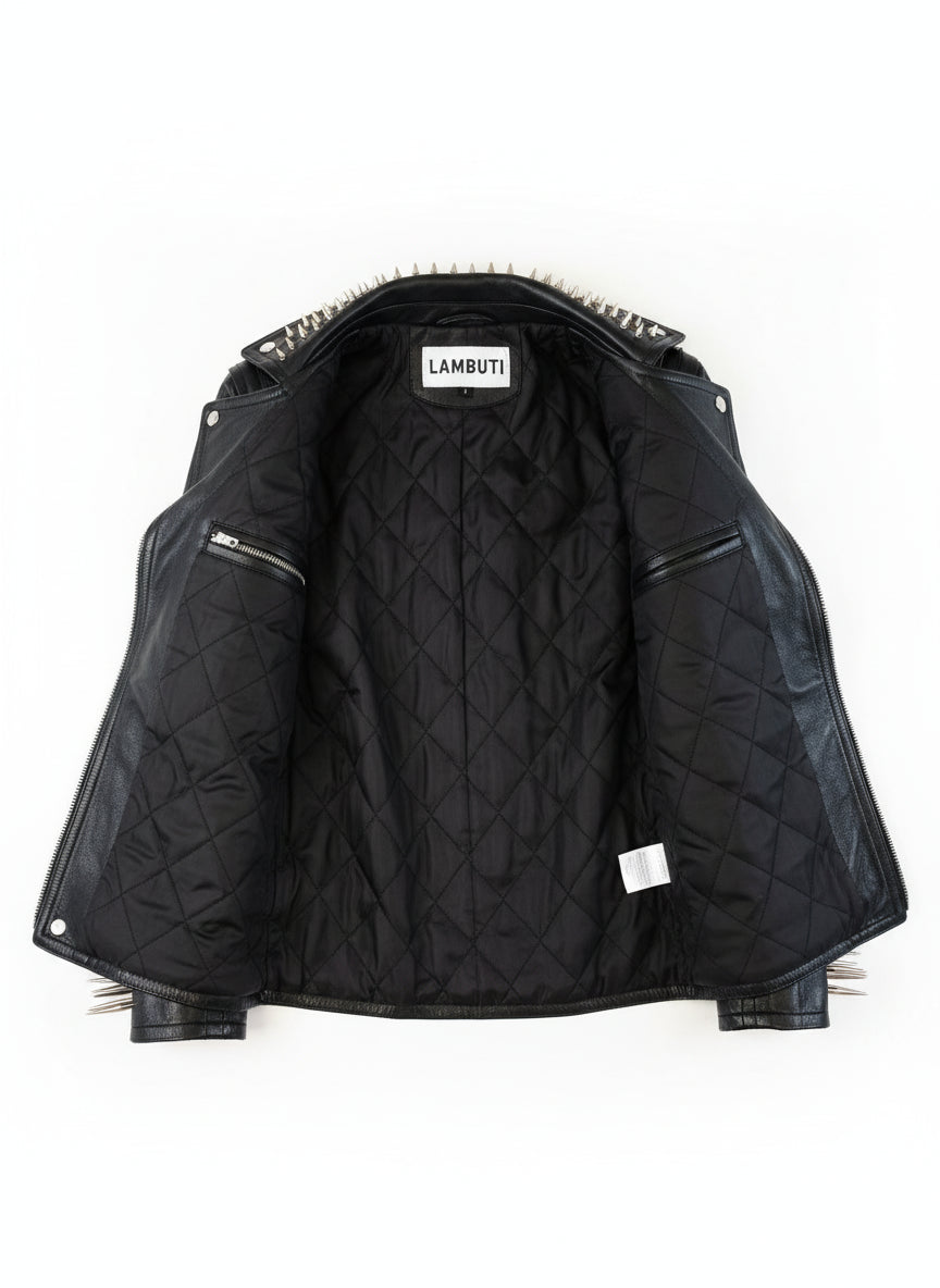 close-up-lining - Women's Long Spiked/Studded Black Leather Biker Jacket