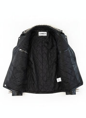 close-up-lining - Women's Long Spiked/Studded Black Leather Biker Jacket