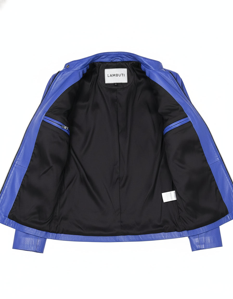 close-up-lining - Women's Moto Leather Jacket, Bright Blue Biker Jacket, Stylish Leather Motorcycle Jacket, Handmade Women's Leather Jacket