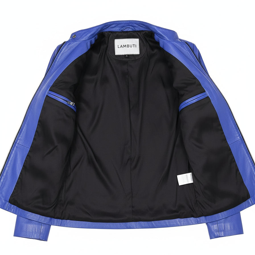 close-up-lining - Women's Moto Leather Jacket, Bright Blue Biker Jacket, Stylish Leather Motorcycle Jacket, Handmade Women's Leather Jacket