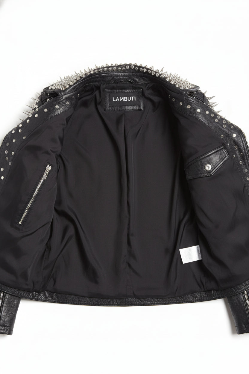 close-up-lining - Women's Punk Spiked Studded Black Leather Jacket