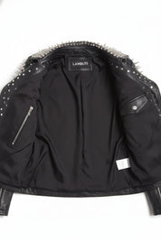close-up-lining - Women's Punk Spiked Studded Black Leather Jacket
