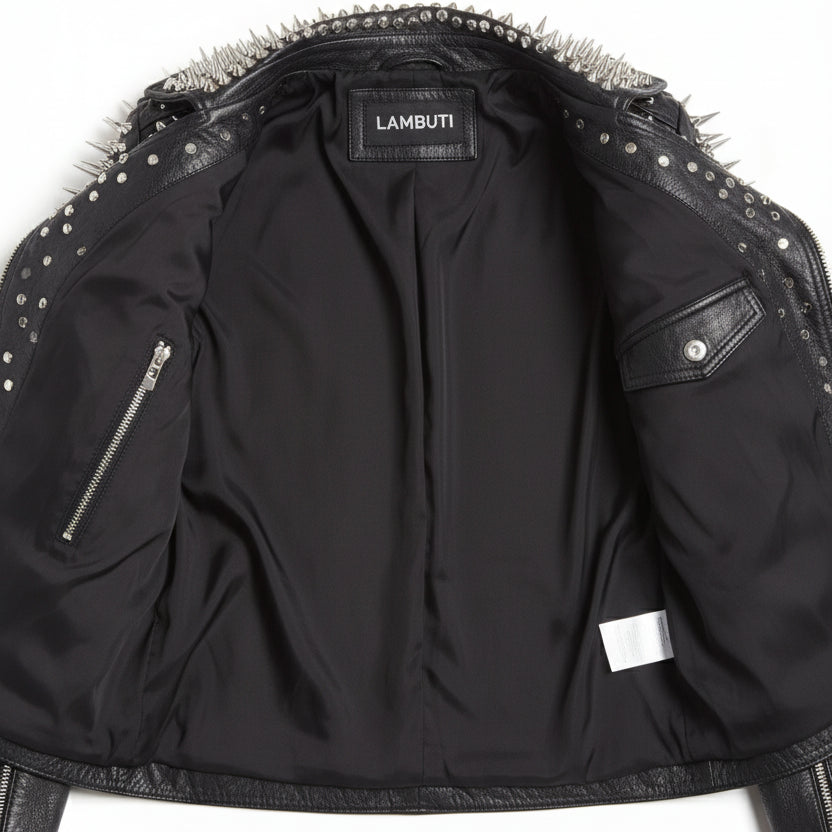 close-up-lining - Women's Punk Spiked Studded Black Leather Jacket