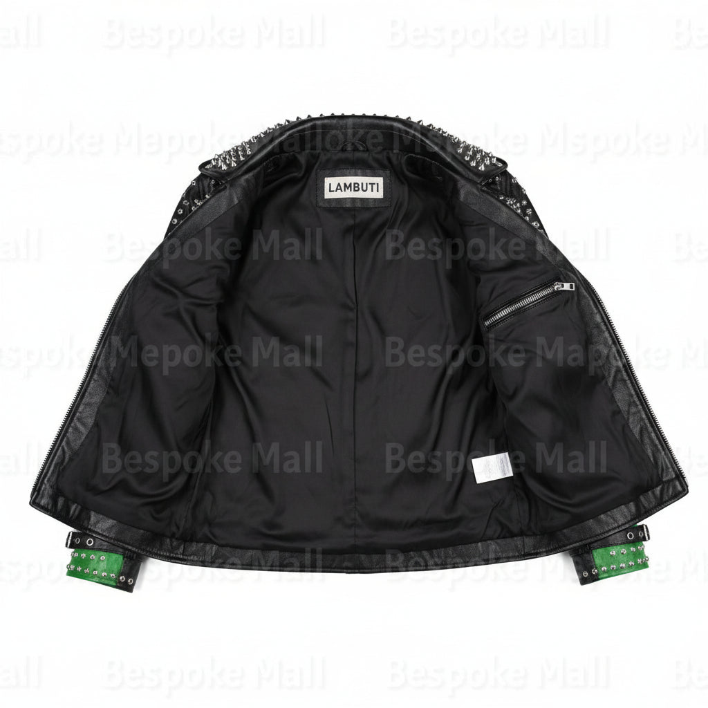 close-up-lining - Women's Punk Studded Real Cowhide Leather Motorbike Jacket