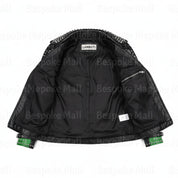 close-up-lining - Women's Punk Studded Real Cowhide Leather Motorbike Jacket