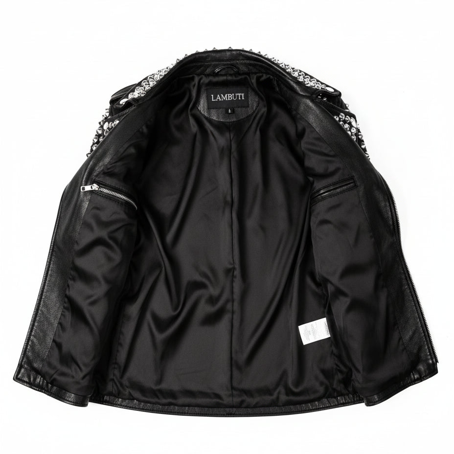 close-up-lining - Womens Rock star All over Silver Studded Cowhide Leather Moto Jacket