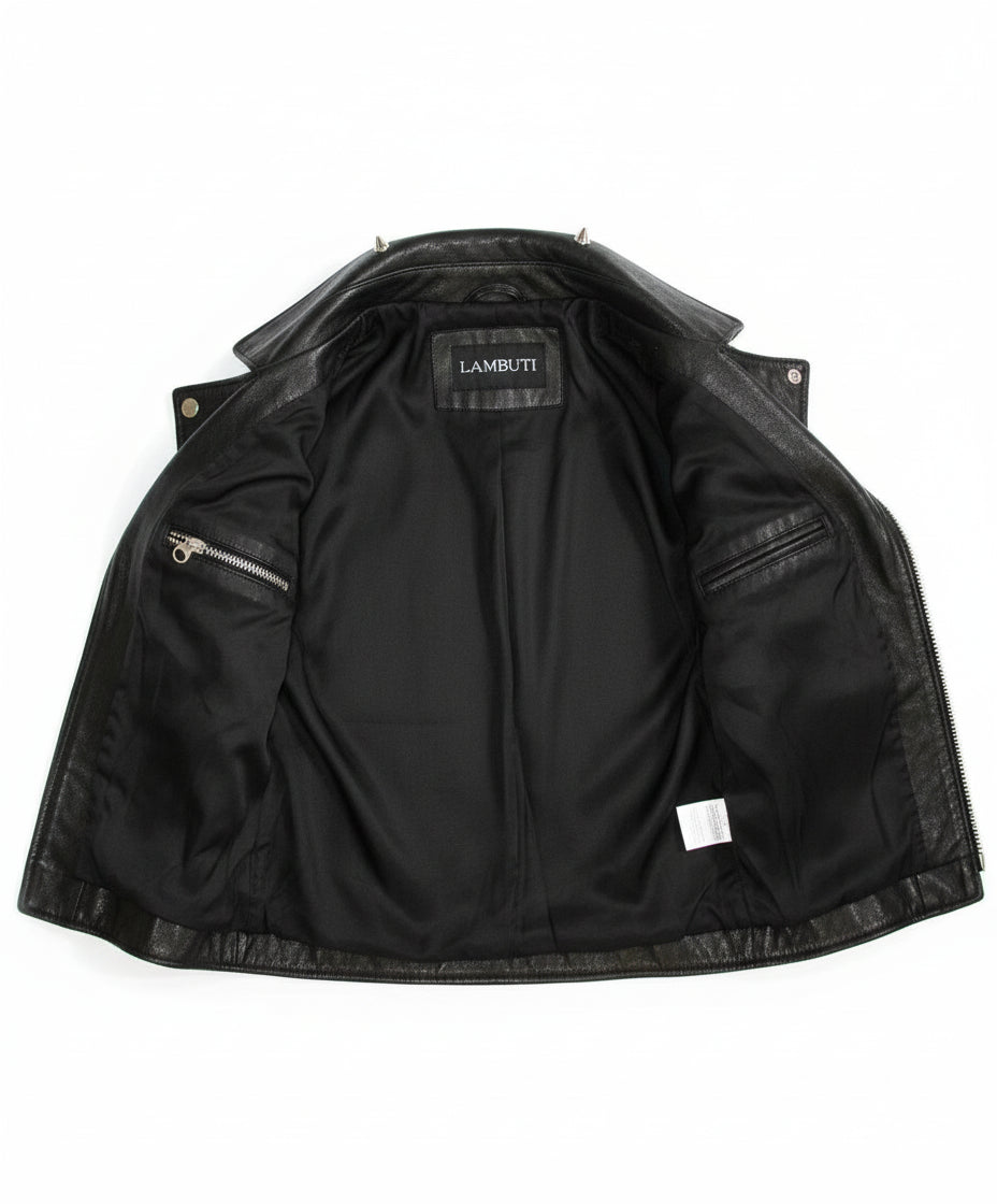 close-up-lining - Women's Studded Biker Leather Jacket in Punk Rock Style