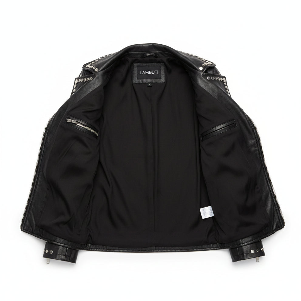 close-up-lining - Women's Stylish Black Leather Jacket with Silver Studs