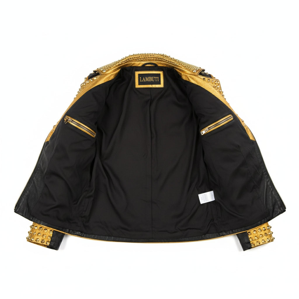 close-up-lining - Women's two tone Punk golden Studded Real Cowhide Motorbike Leather Jacket