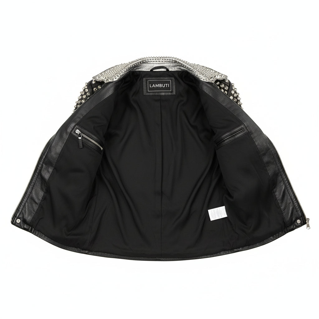 close-up-lining - Women's Two Tone Punk Studded Leather Motorbike Jacket