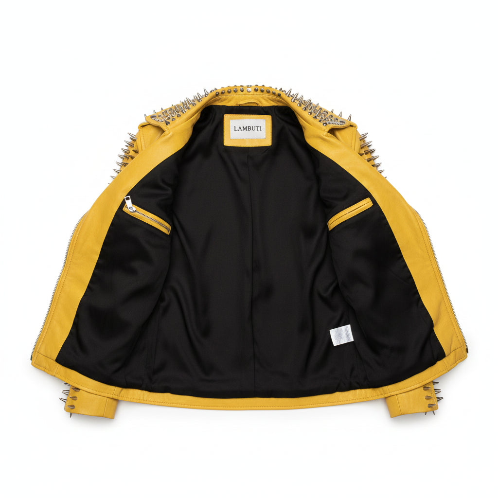 close-up-lining - Women's Yellow Studded Spiked Cowhide Moto Jacket