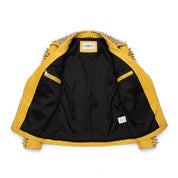 close-up-lining - Women's Yellow Studded Spiked Cowhide Moto Jacket