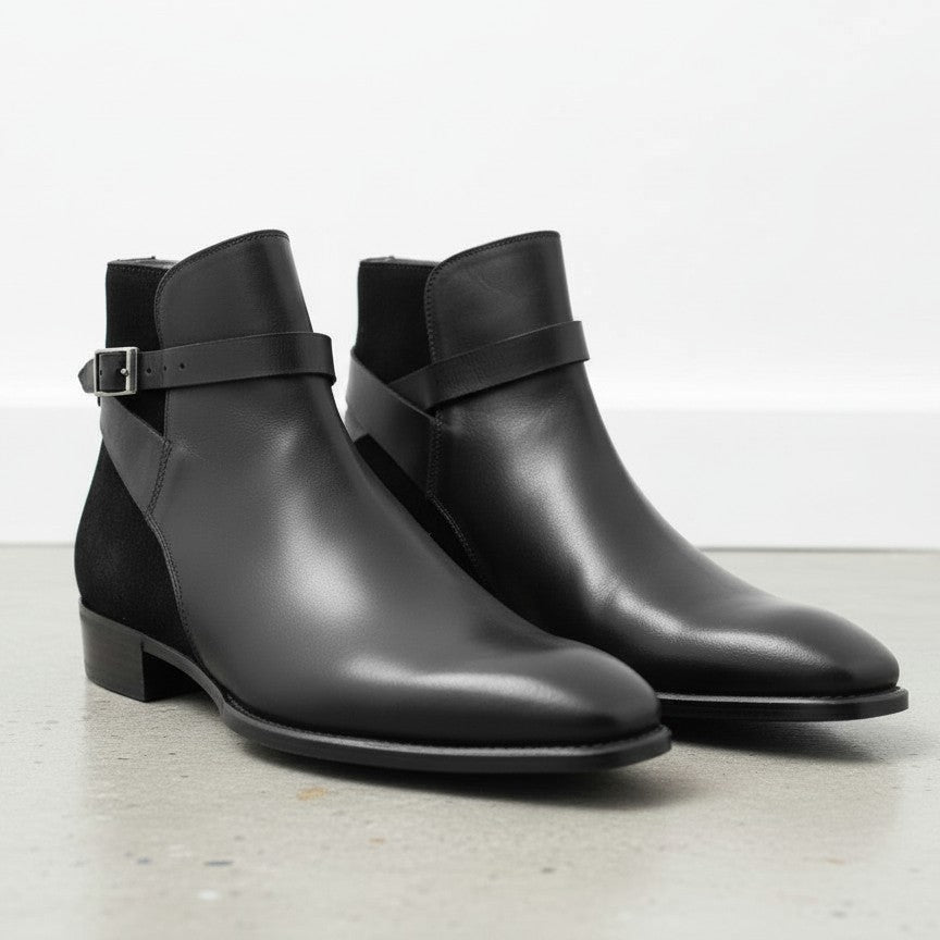 Handcrafted Men's Black Leather And Suede Ankle  Boots