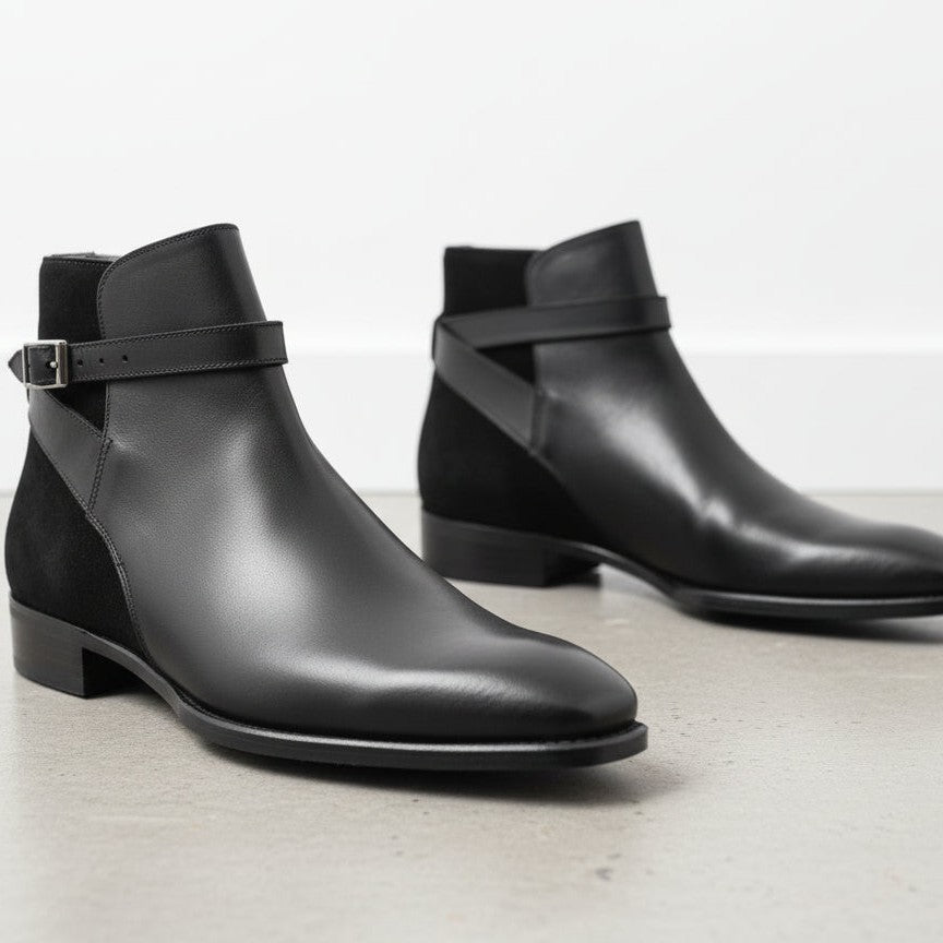 Handcrafted Men's Black Leather And Suede Ankle  Boots
