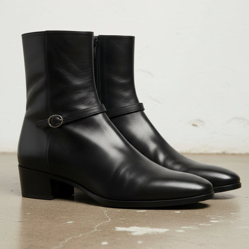 Handmade Men's Black Leather Ankle Boots with Side Zip