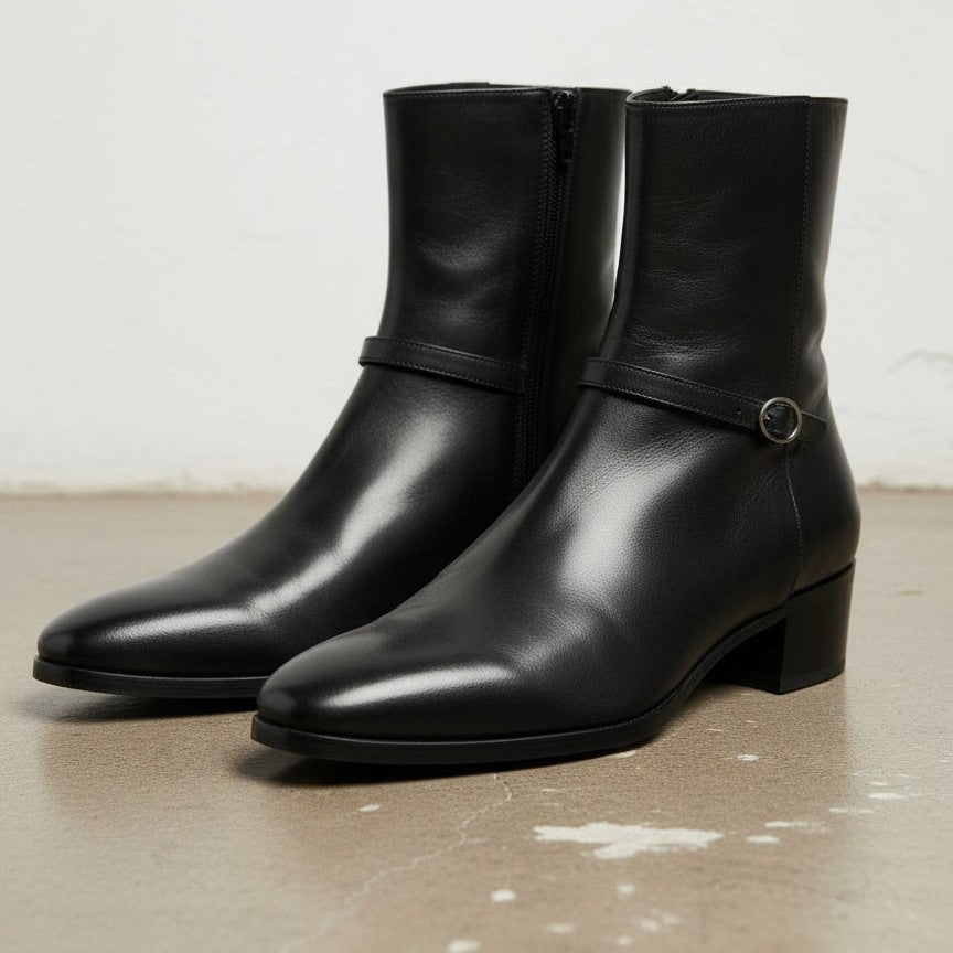 Handmade Men's Black Leather Ankle Boots with Side Zip